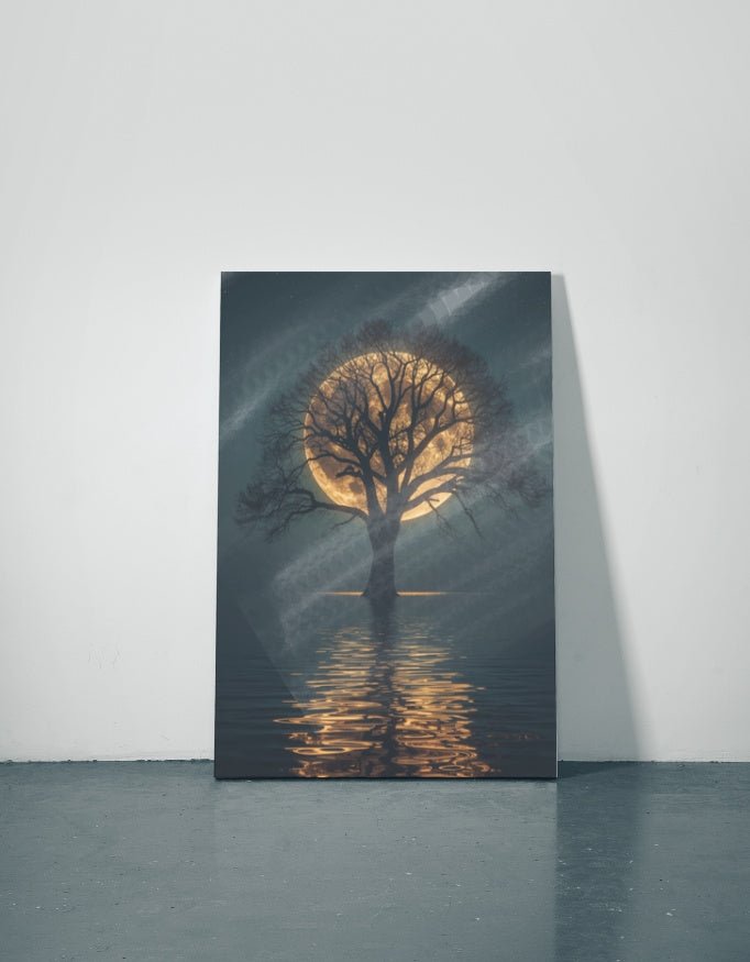 Single Tree in Front of the Moon Metal Poster | Minimal Nature Wall Art - Armbh